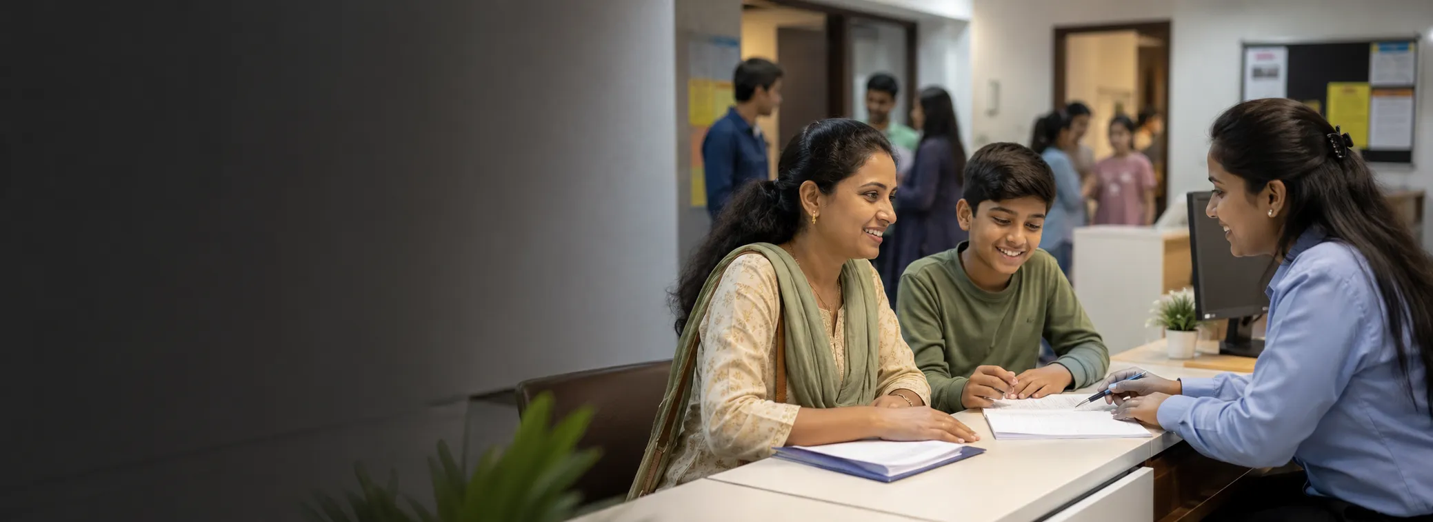 Parent and student at Scholar Academy admission desk